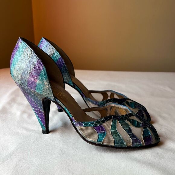 Stuart Weitzman for Eric Couture Snakeskin Pumps Mesh Peep Toe Slip On Women’s 7 - Picture 1 of 14